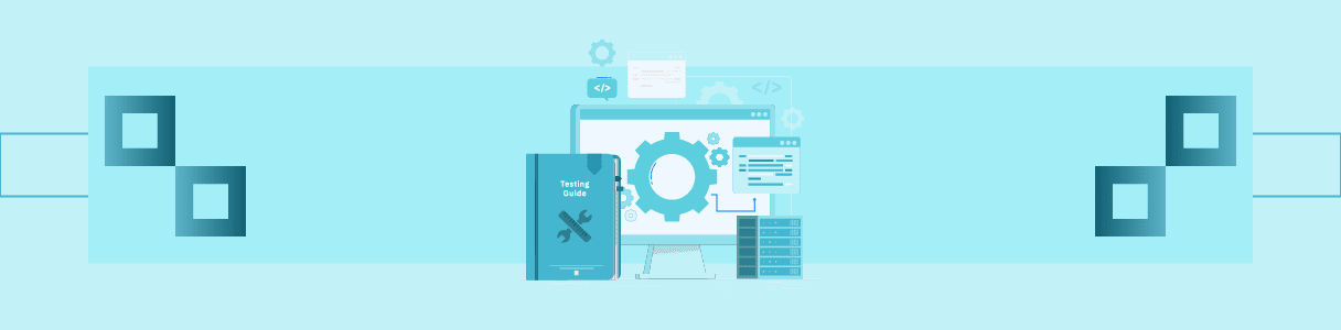 Diagram showing software testing process, including a computer, server, testing guide, and code snippets.