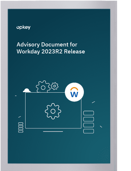 Opkey advisory document for Workday 2023R2 release. Graphic depicts gears and a computer screen.
