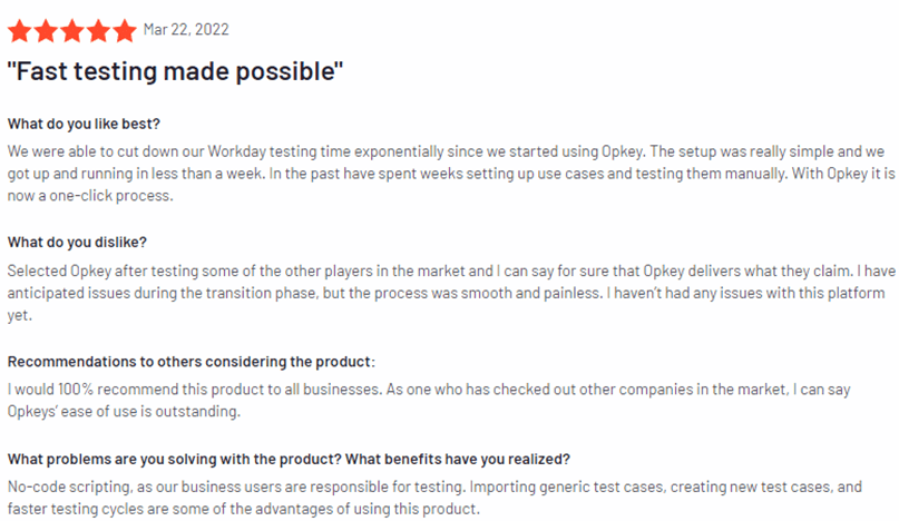 Opkey Recognized as 2022 High Performer by G2 2 Fast testing made possiable