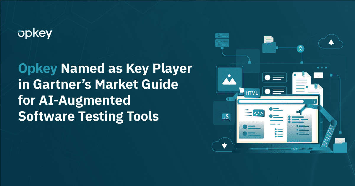 Opkey recognized as a key player in Gartner's market guide for AI-augmented software testing tools. Graphic depicts software testing automation.