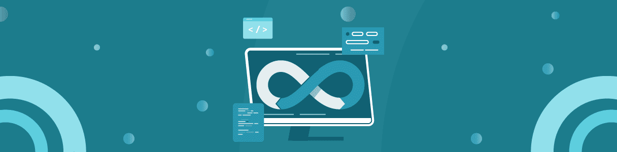 Infinite loop graphic on computer screen illustrating continuous integration testing in DevOps.