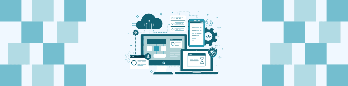 Desktop, laptop, and mobile devices connected to a cloud, illustrating software testing and development processes. Manual vs. automated testing concepts.