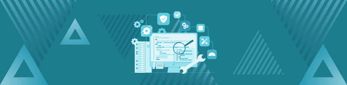 AI-powered software testing: Code analysis, automation, and performance monitoring icons illustrate efficient testing processes.