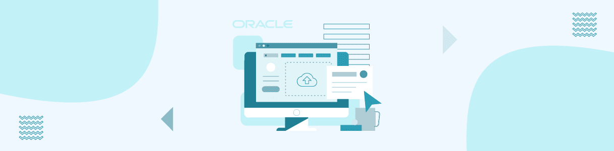 Illustration of Oracle Cloud data upload to a computer screen. Testing and updates shown.