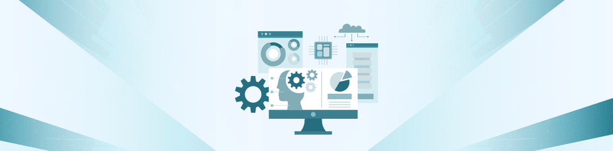 Computer screen displaying data analytics and gears, representing test automation for recession preparedness.