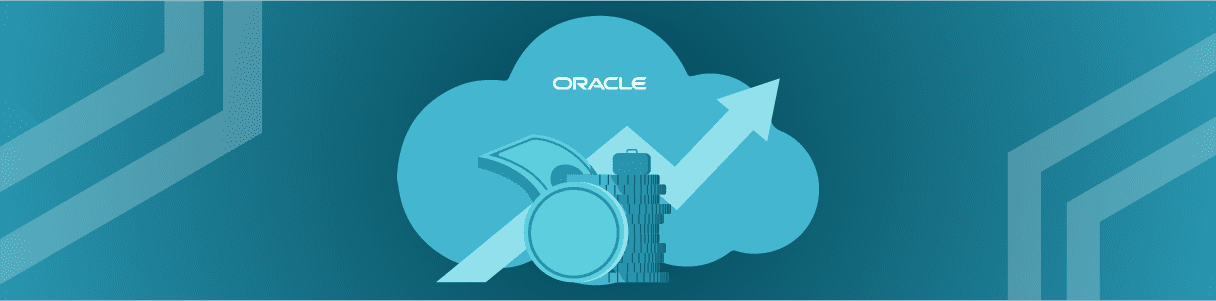 Oracle cloud graphic showing upward trending growth with money and briefcase, maximizing ROI.
