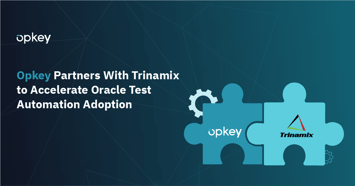 Opkey and Trinamix logos on puzzle pieces, symbolizing their partnership to accelerate Oracle test automation.