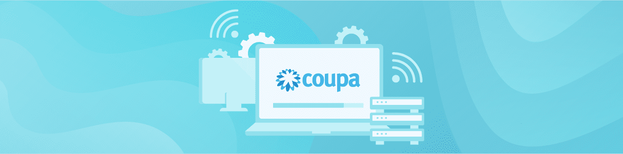 Coupa software interface displayed on a laptop, connected to a network and server.