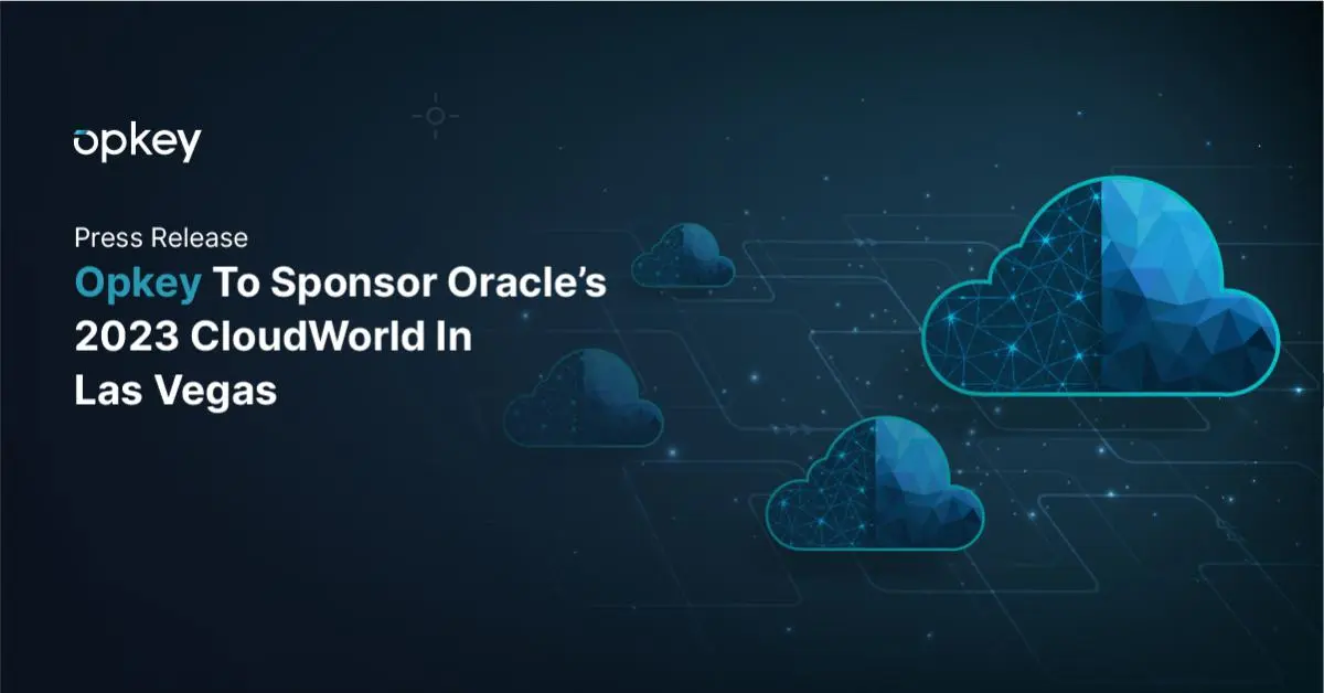 Opkey sponsoring Oracle's 2023 CloudWorld in Las Vegas. Abstract cloud graphic.