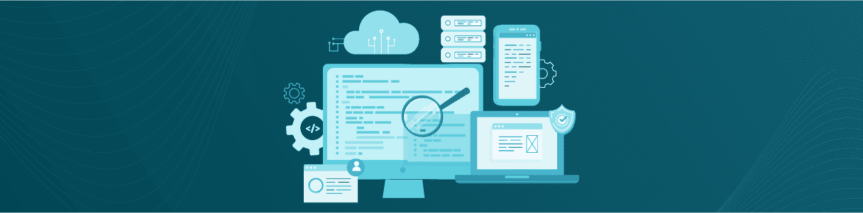 Diagram showing automated software testing processes, including cloud computing, code analysis, and security.