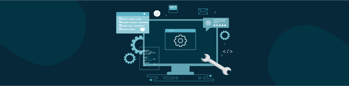 Computer screen showing software development tools and a gear, representing regression testing.