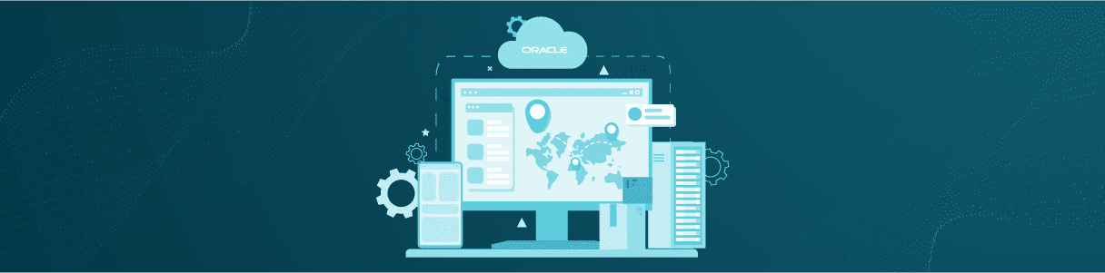 Global supply chain logistics visualized on a computer screen connected to Oracle cloud services.