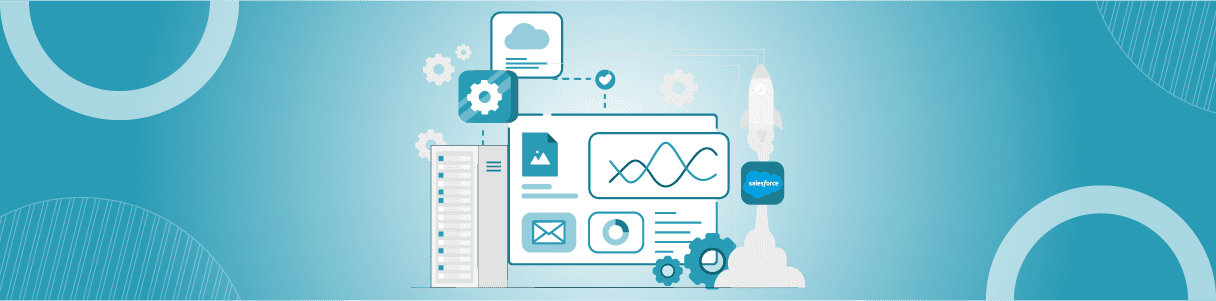 Diagram showing Salesforce integration with cloud services, data analytics, and a launching rocket, symbolizing successful Salesforce releases.