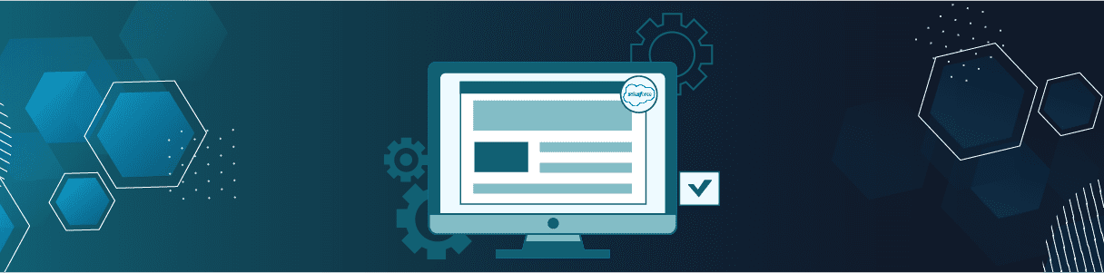 Computer screen displaying Salesforce automation testing, gears, and a checkmark.