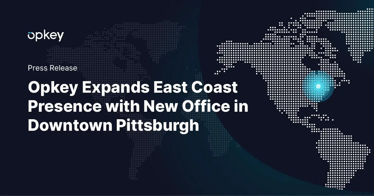 Opkey's new Downtown Pittsburgh office location highlighted on a world map. East Coast expansion.