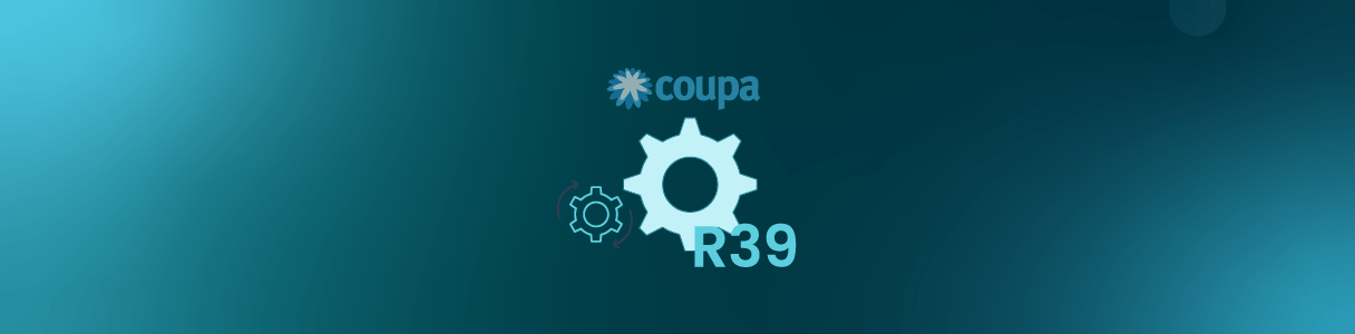 Coupa R39 release notes: gear icon representing new features and updates.