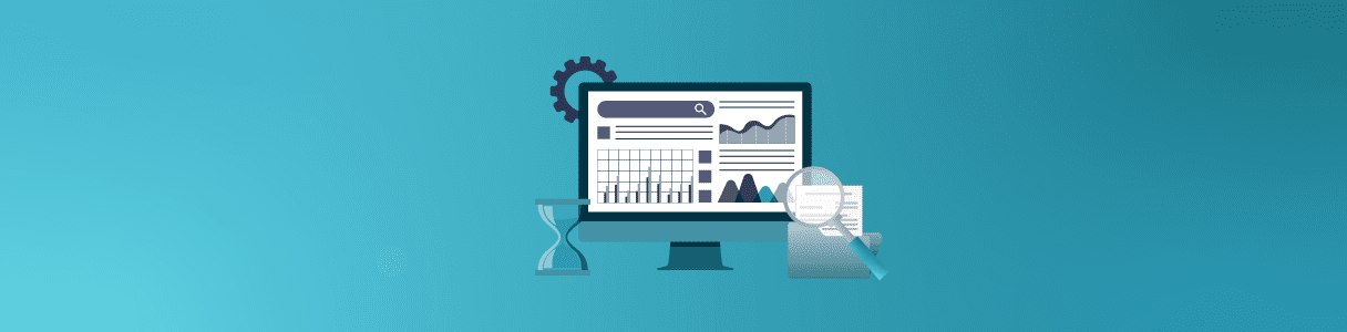 Charts and graphs displayed on a computer screen, alongside a magnifying glass and hourglass; illustrating data analysis for successful software integration testing.