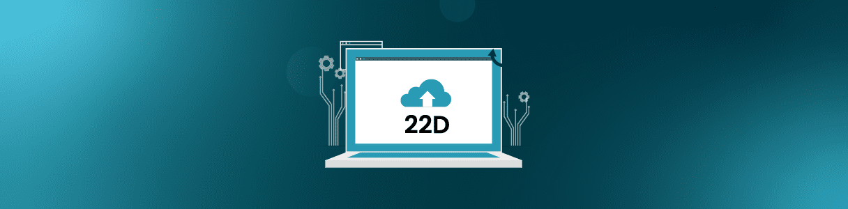 Laptop screen displaying a cloud upload icon and "22D," illustrating the Oracle Cloud 22D release.