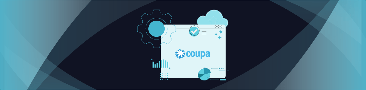 Coupa software interface with cloud, charts, and settings icons. R40 release features.