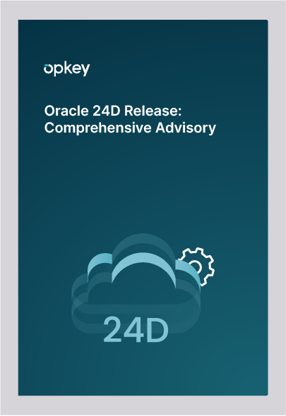 Opkey advisory on Oracle 24D release: cloud icon with 24D