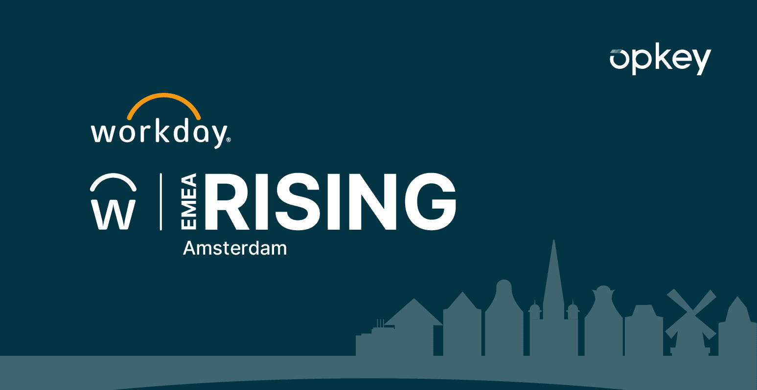 Workday Rising EMEA 2024 Amsterdam event logo with Opkey branding.