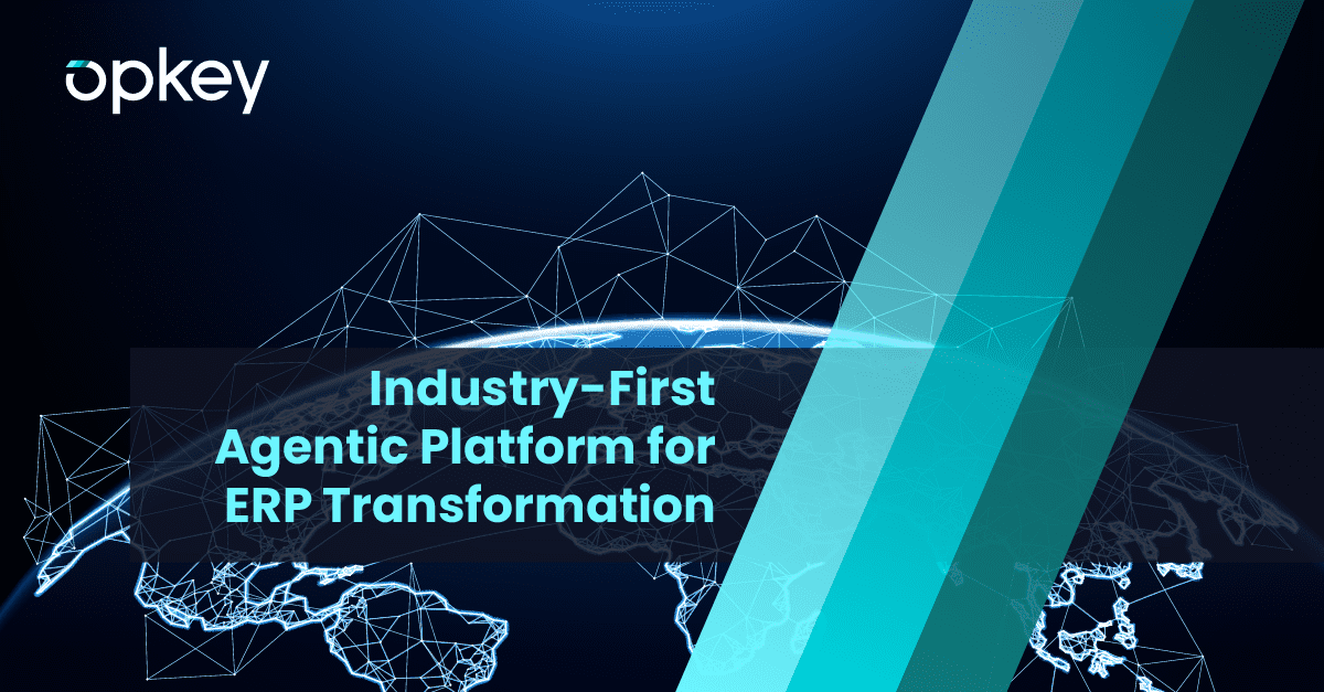 Opkey's agentic platform for ERP transformation. Global network visualization.