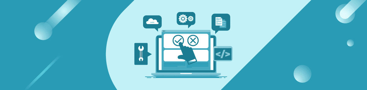 Laptop screen showing test automation choices: checkmark and X. Related icons include wrench, gears, data cloud, and code.